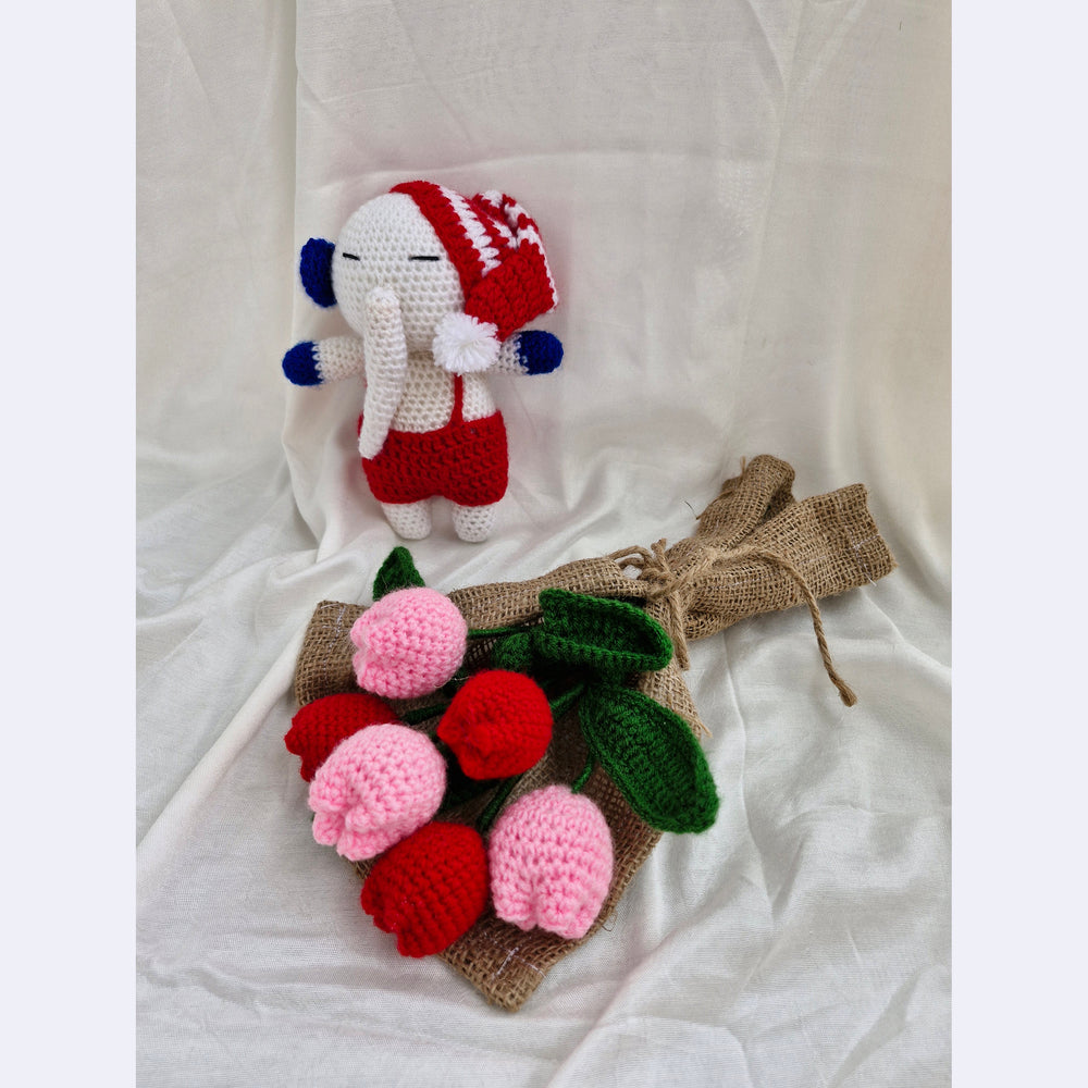 Handmade Flower Bouquet Set Of 3 Red Tulip+3 Pink Tulip And 1 Elephant Toy