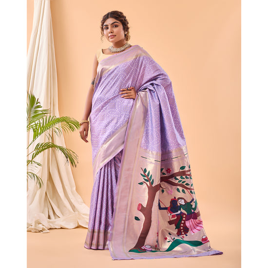 Purple - Bandhej Paithani Lavender Paithani Silk Handwork Saree