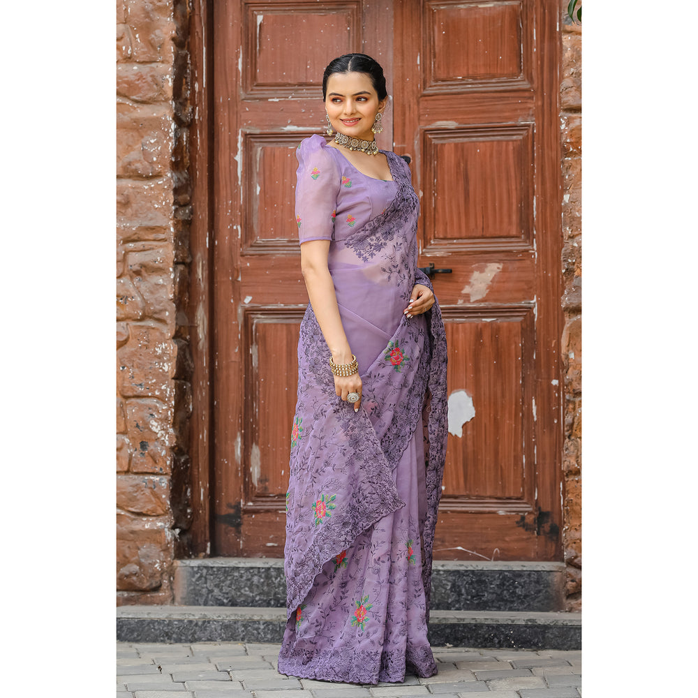 Ankita Lavender Chiffon Handwork Saree