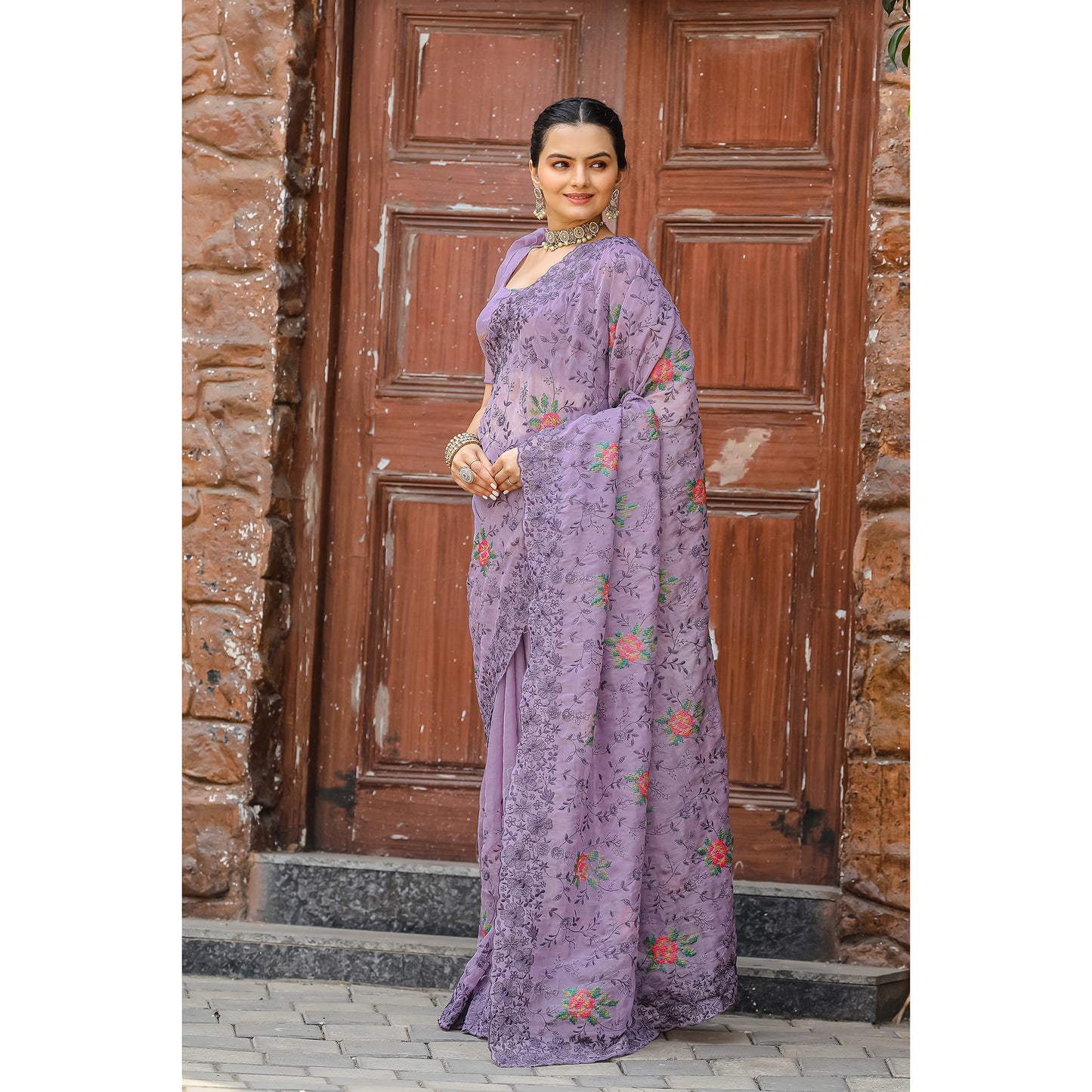 Ankita Lavender Chiffon Handwork Saree