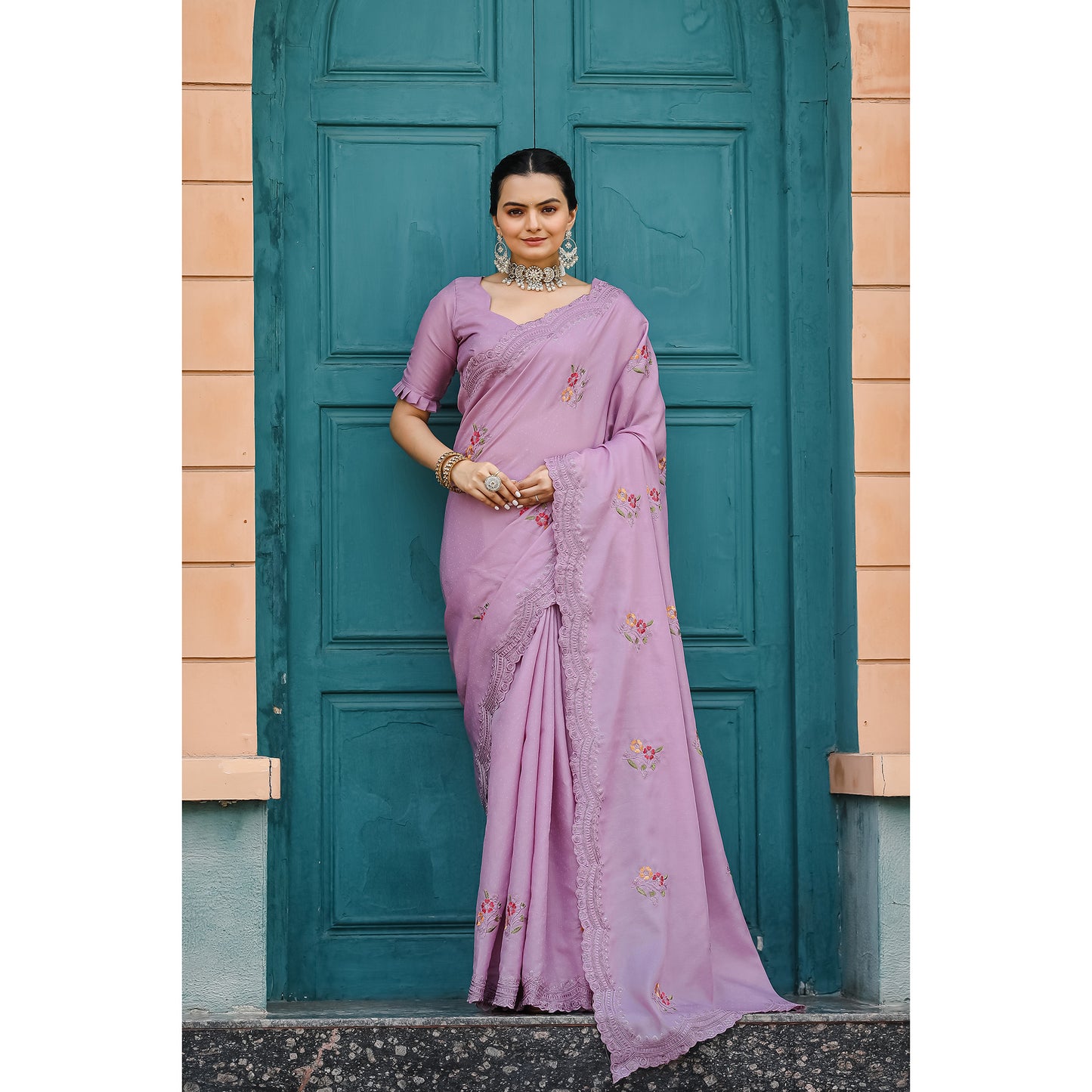 Kiran Lavender Tussar Silk Cotton Handwork Saree