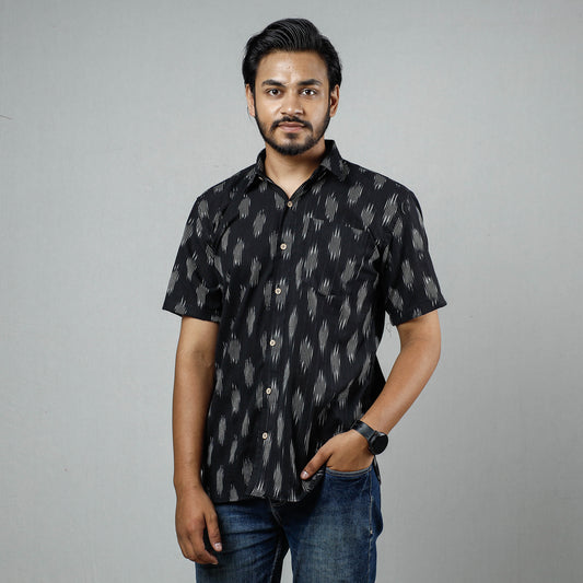 Black - Pochampally Ikat Weave Cotton Men Half Sleeve Shirt