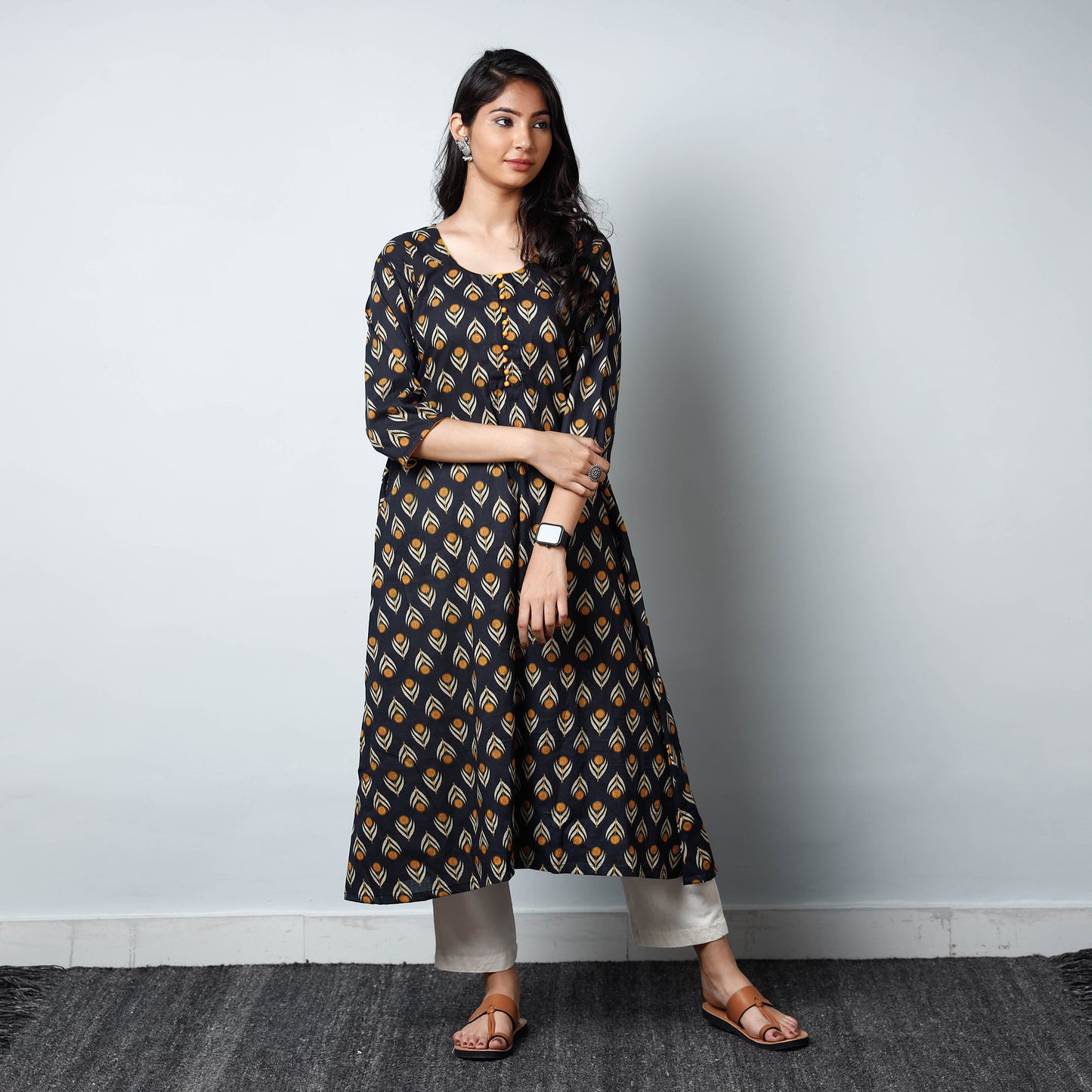 Black - Sanganeri Printed Cotton A-Line Long Kurta