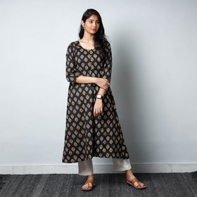 Black - Sanganeri Printed Cotton A-Line Long Kurta