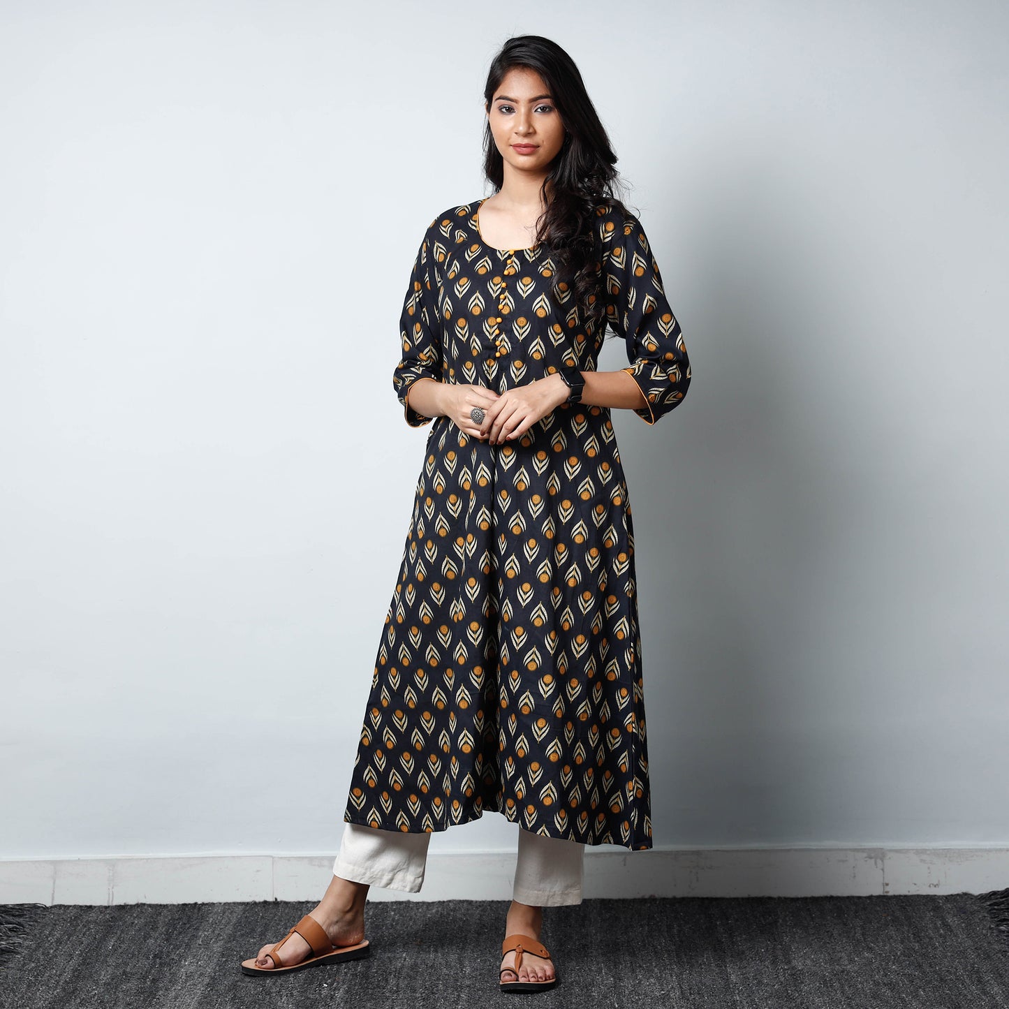 Black - Sanganeri Printed Cotton A-Line Long Kurta