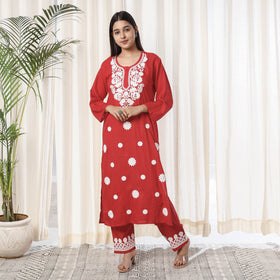 Red Chikankari Embroidery Rayon Cotton Kurta with Pant Set