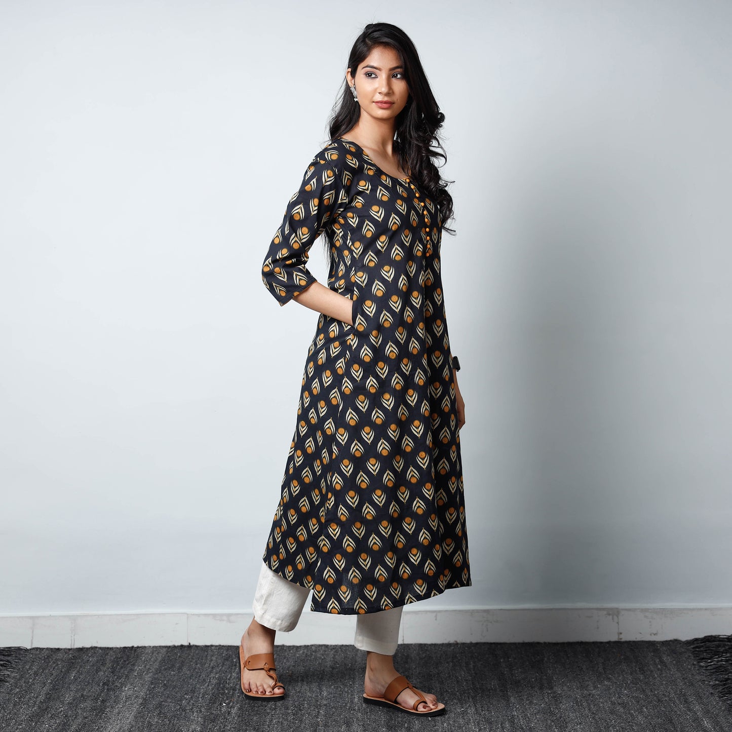 Black - Sanganeri Printed Cotton A-Line Long Kurta