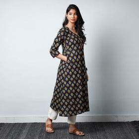 Black - Sanganeri Printed Cotton A-Line Long Kurta