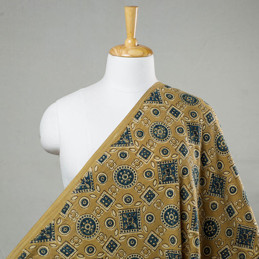 Yellow With Floral Shapes Ajrakh Hand Block Printed Cotton Fabric
