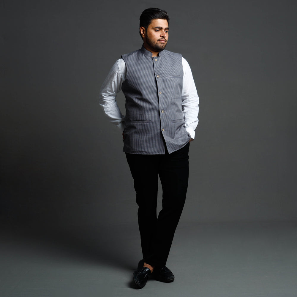 Dark Grey - Running Stitch Pure Cotton Men Nehru Jacket 13