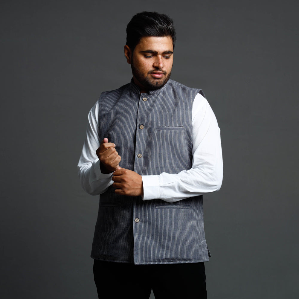 Dark Grey - Running Stitch Pure Cotton Men Nehru Jacket 13