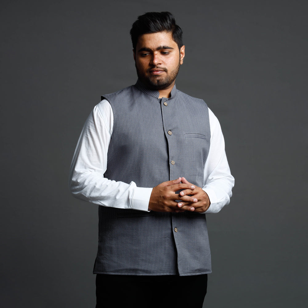 Dark Grey - Running Stitch Pure Cotton Men Nehru Jacket 13