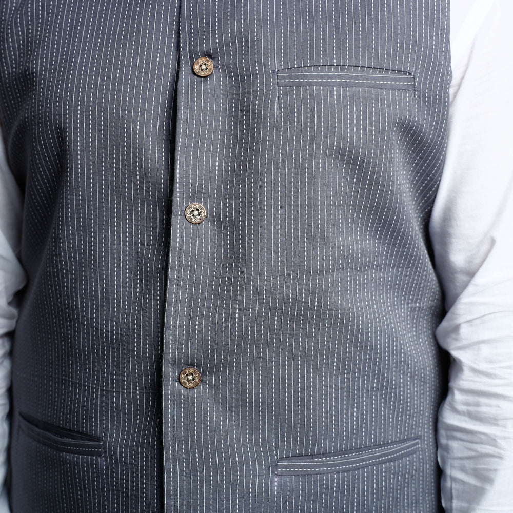 Dark Grey - Running Stitch Pure Cotton Men Nehru Jacket 13