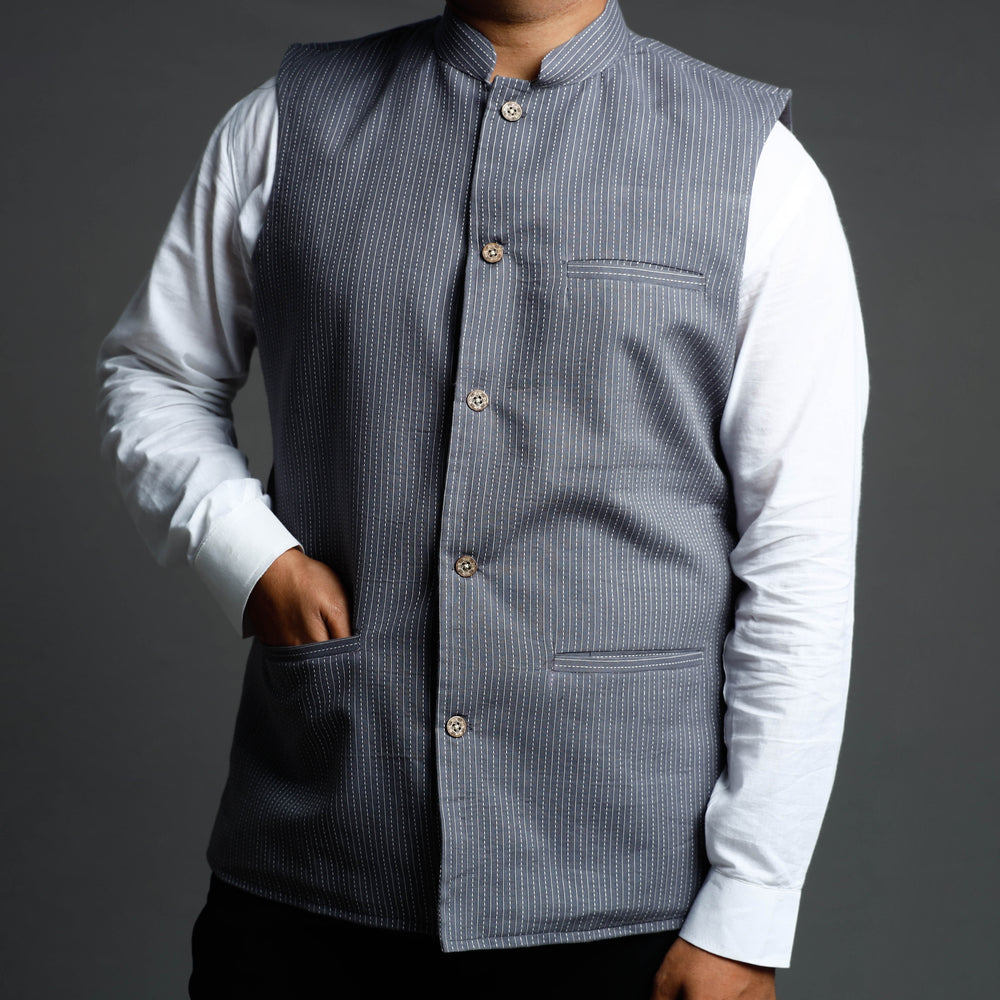 Dark Grey - Running Stitch Pure Cotton Men Nehru Jacket 13