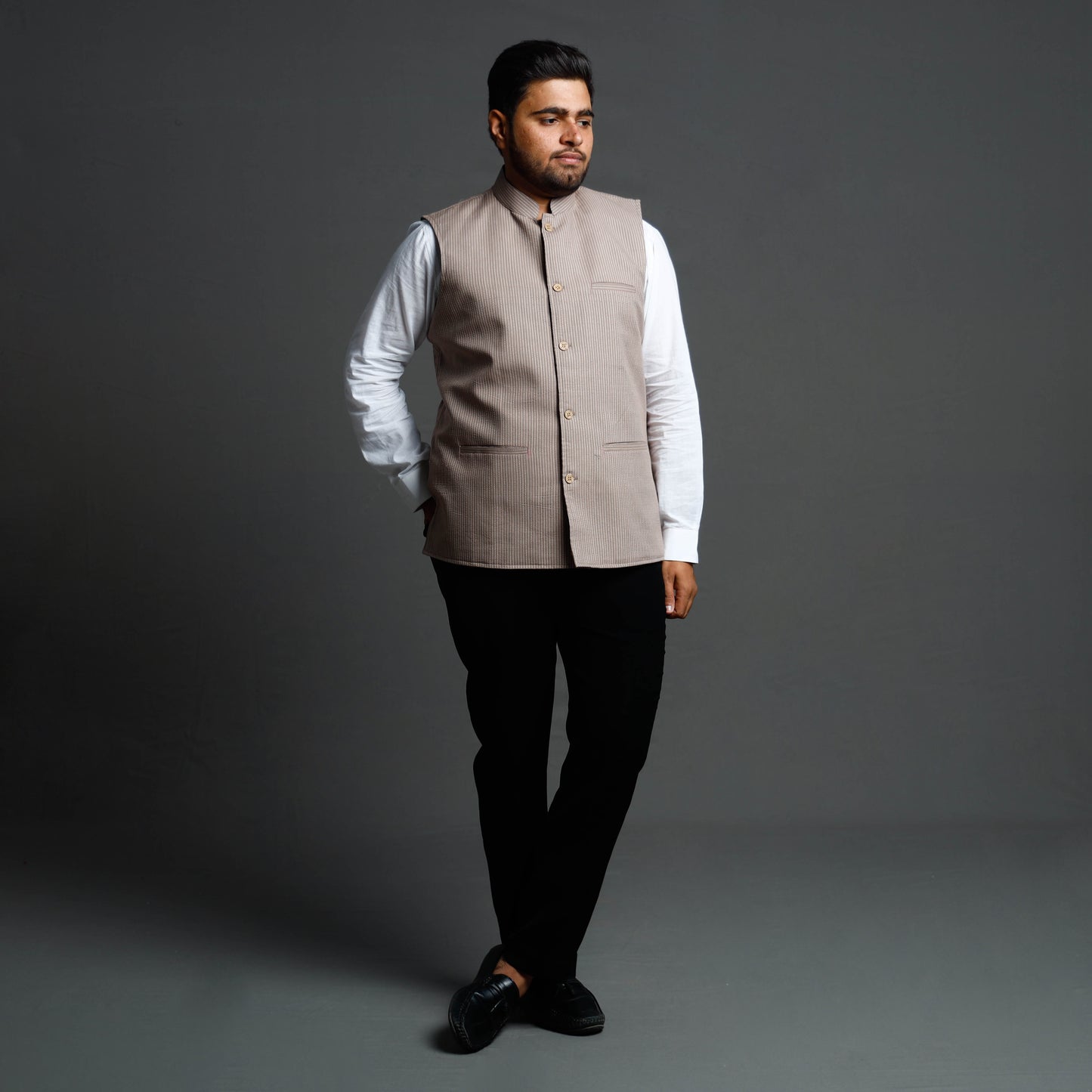 Brown - Running Stitch Cotton Nehru Jacket