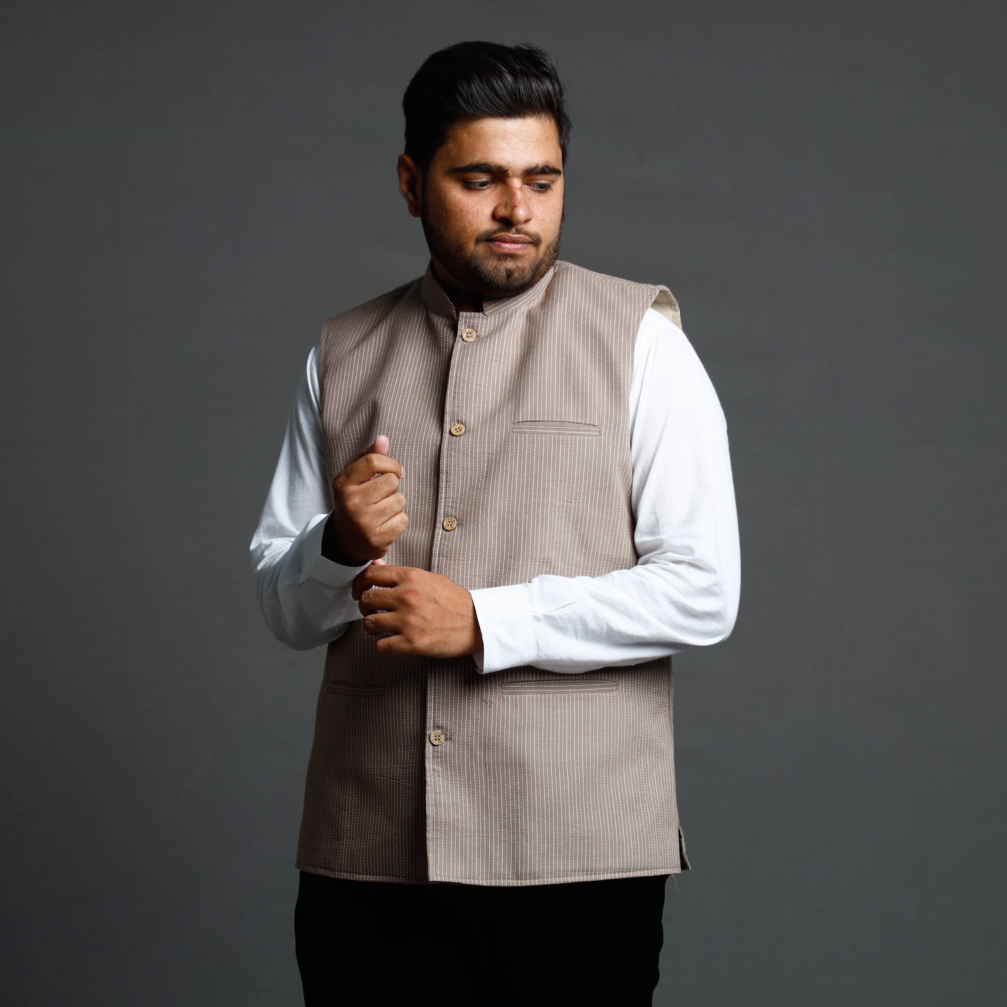 Brown - Running Stitch Cotton Nehru Jacket