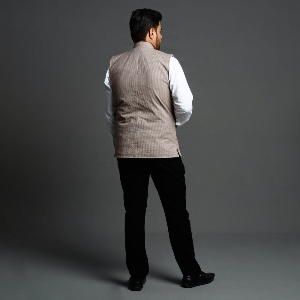 Brown - Running Stitch Cotton Nehru Jacket