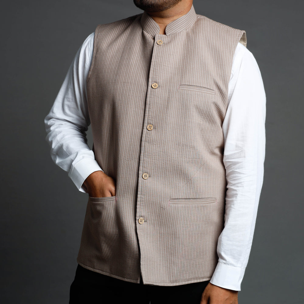 Brown - Running Stitch Cotton Nehru Jacket