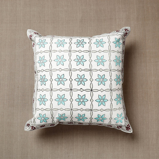 Blue - Flowers with Check Pattern Sanganeri Block Printed Cotton Cushion Cover (16 x 16 in)