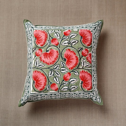 Green with Tropical Floral Sanganeri Block Printed Cotton Cushion Cover (16 x 16 in)