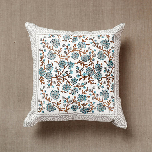 Multicolor - White with Gulbahar Sanganeri Block Printed Cotton Cushion Cover (16 x 16 in)