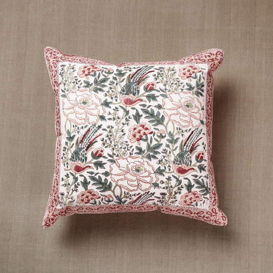 Multicolor - Light Pink Gulshan Bagh Sanganeri Block Printed Cotton Cushion Cover (16 x 16 in)