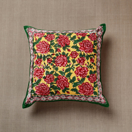 Multicolor - Yellow with Red Rose Sanganeri Block Printed Cotton Cushion Cover (16 x 16 in)