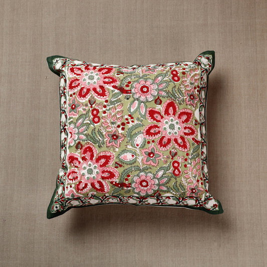 Green with Pink Flowers Sanganeri Block Printed Cotton Cushion Cover (16 x 16 in)