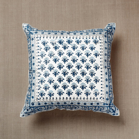 Blue - White with Flowers Buti Sanganeri Block Printed Cotton Cushion Cover (16 x 16 in)