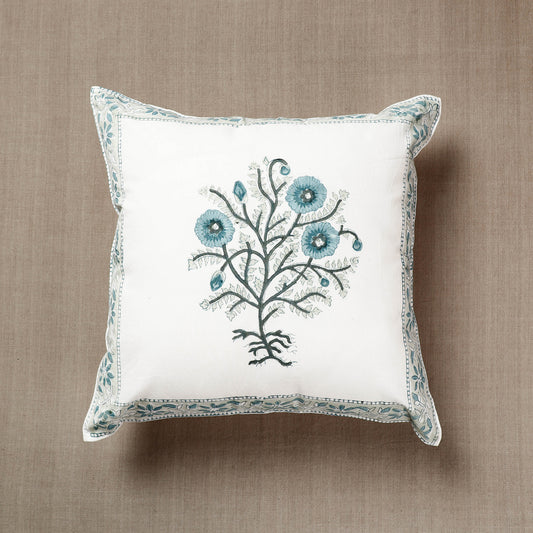 White with Flowers Sanganeri Block Printed Cotton Cushion Cover (16 x 16 in)