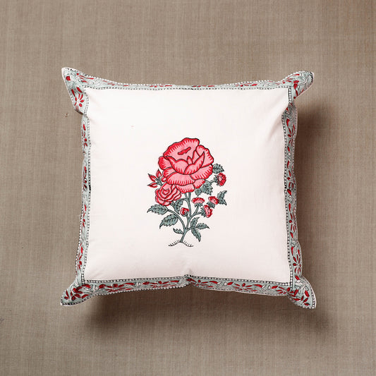 White - Red Rose Sanganeri Block Printed Cotton Cushion Cover (16 x 16 in)