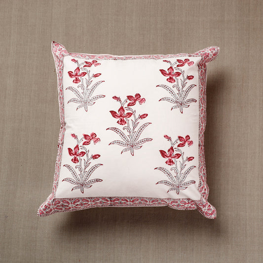 Cream with Pink Flowers Sanganeri Block Printed Cotton Cushion Cover (16 x 16 in)
