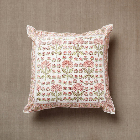 Pink - White with Gulshan Bagh Sanganeri Block Printed Cotton Cushion Cover (16 x 16 in)