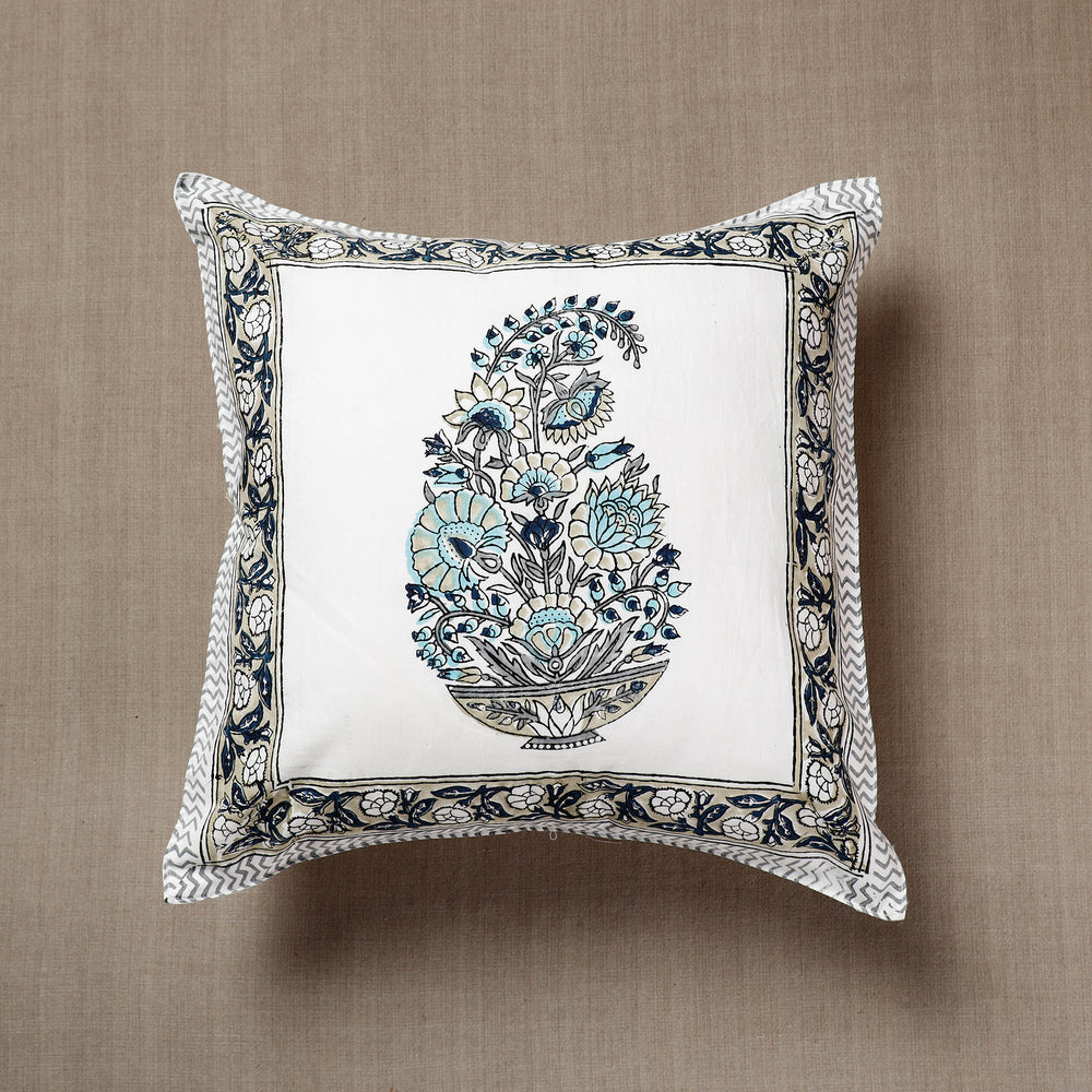 White with Tropical Floral Sanganeri Block Printed Cotton Cushion Cover (16 x 16 in)