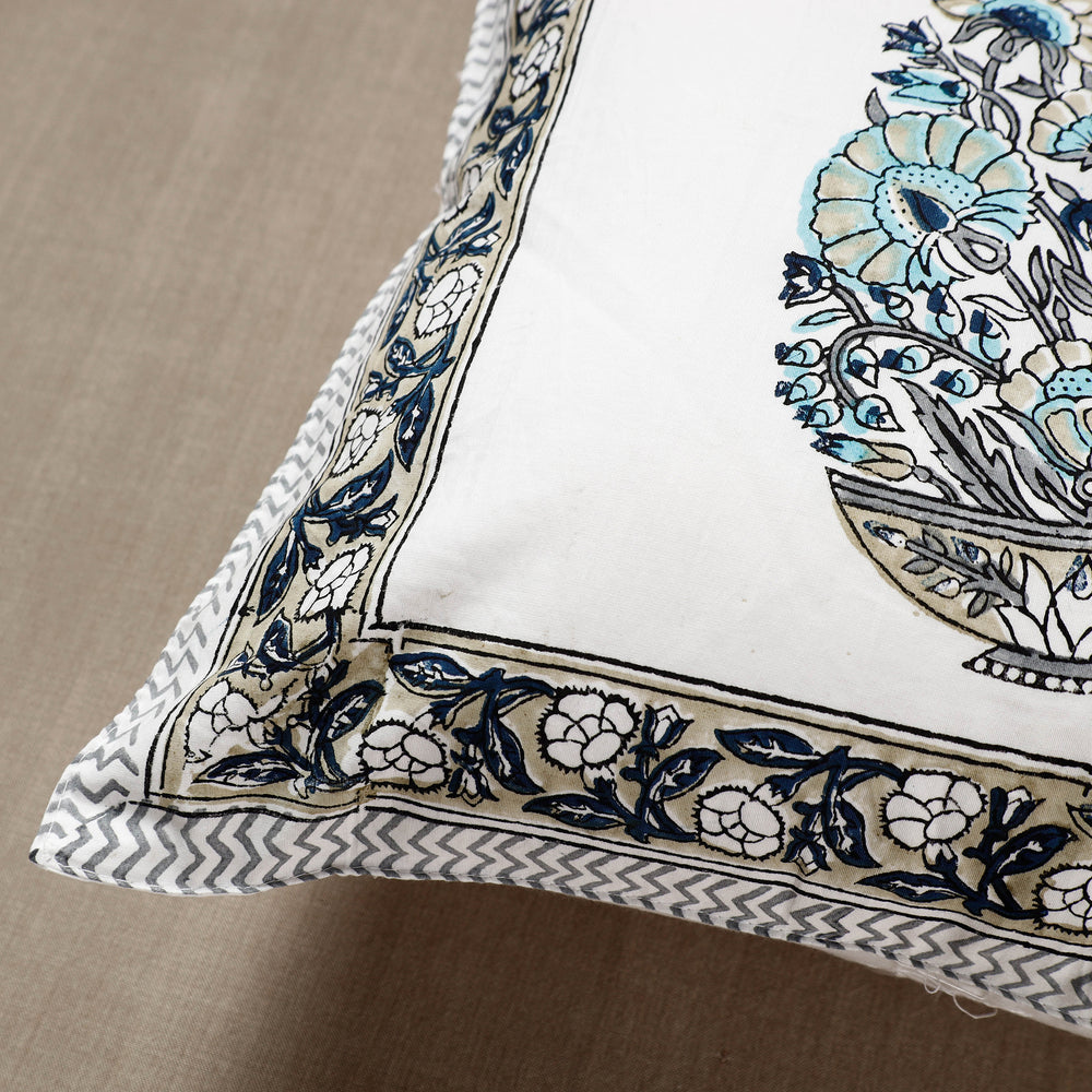 White with Tropical Floral Sanganeri Block Printed Cotton Cushion Cover (16 x 16 in)