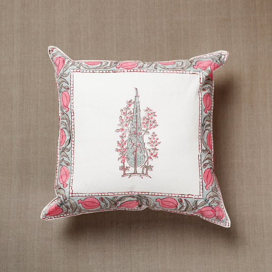 Pink - Onion Border Sanganeri Block Printed Cotton Cushion Cover (16 x 16 in)