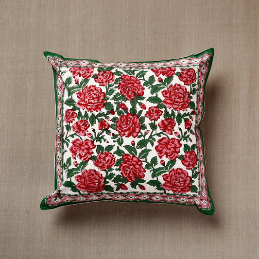 Multicolor - Rose Sanganeri Block Printed Cotton Cushion Cover (16 x 16 in)
