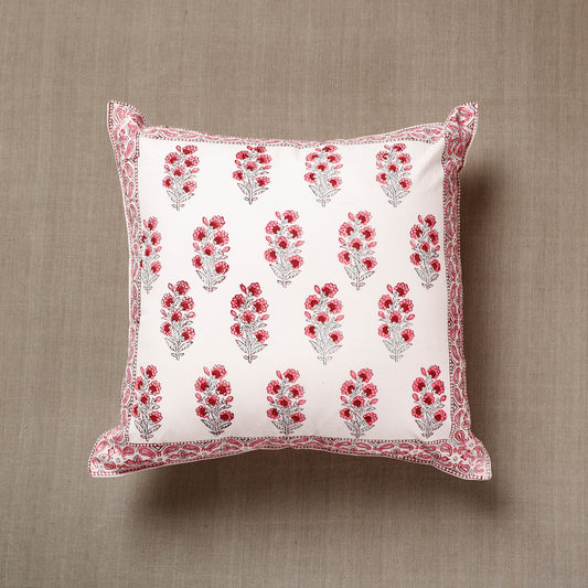 Pink - White with Flower Butas Sanganeri Block Printed Cotton Cushion Cover (16 x 16 in)