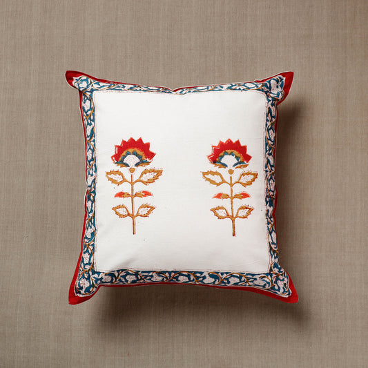 White with Two Flowers Buta Sanganeri Block Printed Cotton Cushion Cover (16 x 16 in)