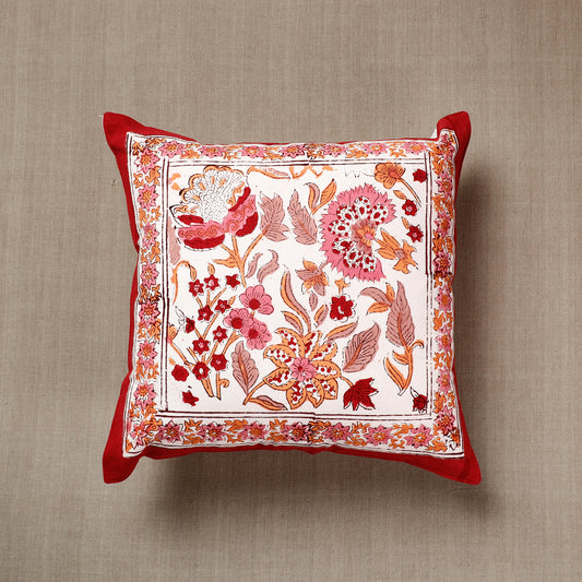 Red - Tropical Flowers Sanganeri Block Printed Cotton Cushion Cover (16 x 16 in)