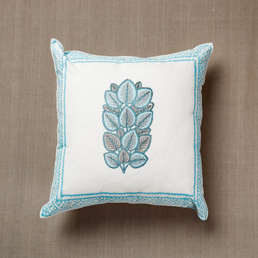 White with Leaves Sanganeri Block Printed Cotton Cushion Cover (16 x 16 in)