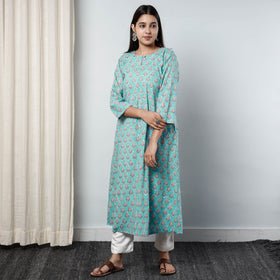 Aqua Blue Sanganeri Block Printed Cotton Long Kurta Online