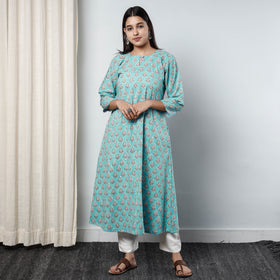Aqua Blue Sanganeri Block Printed Cotton Long Kurta Online