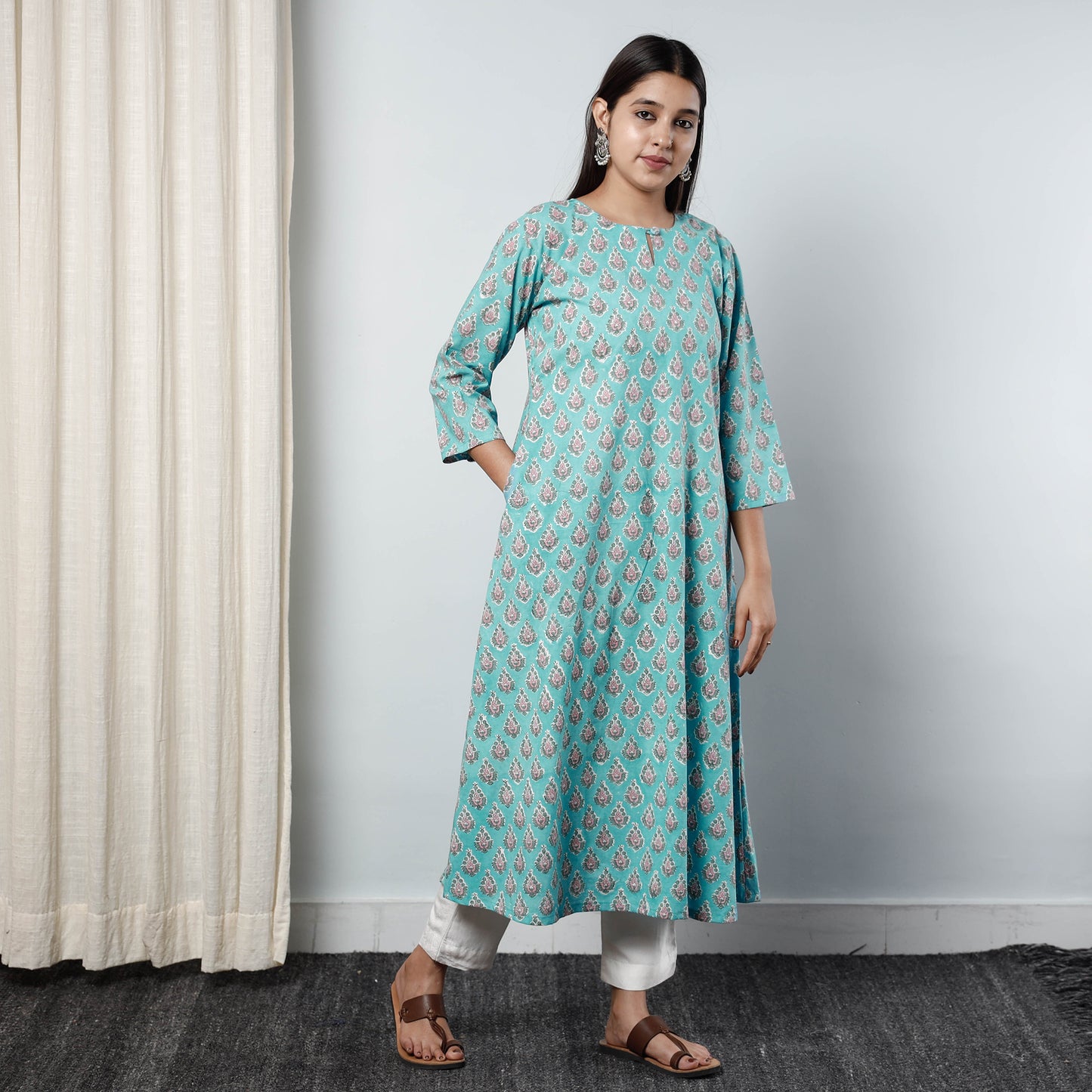 Green - Sanganeri Block Printed Cotton Long Kurta