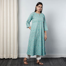 Aqua Blue Sanganeri Block Printed Cotton Long Kurta Online