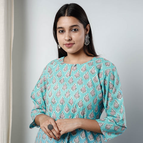 Aqua Blue Sanganeri Block Printed Cotton Long Kurta Online