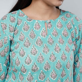 Aqua Blue Sanganeri Block Printed Cotton Long Kurta Online