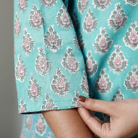 Aqua Blue Sanganeri Block Printed Cotton Long Kurta Online
