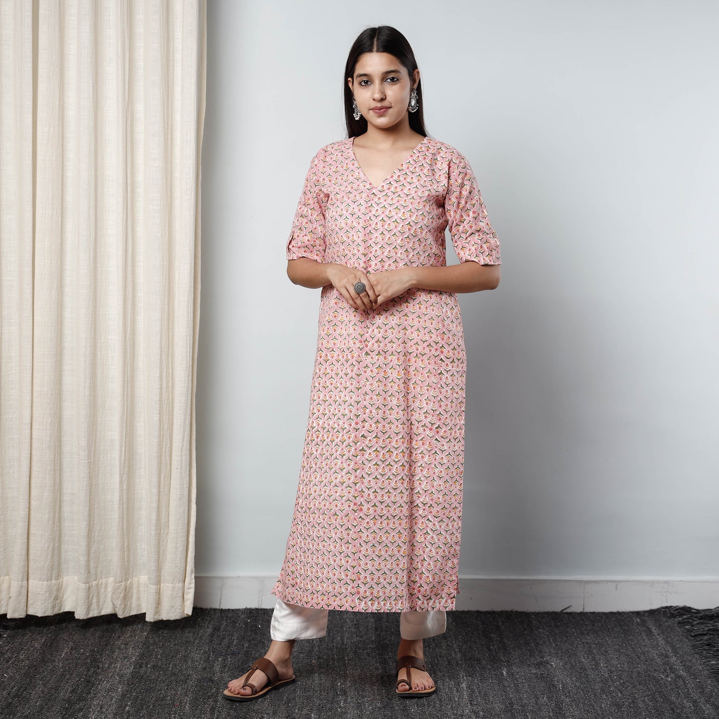 Pink - Sanganeri Block Printed Cotton Long Kurta