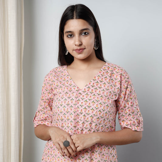 Pink - Sanganeri Block Printed Cotton Long Kurta